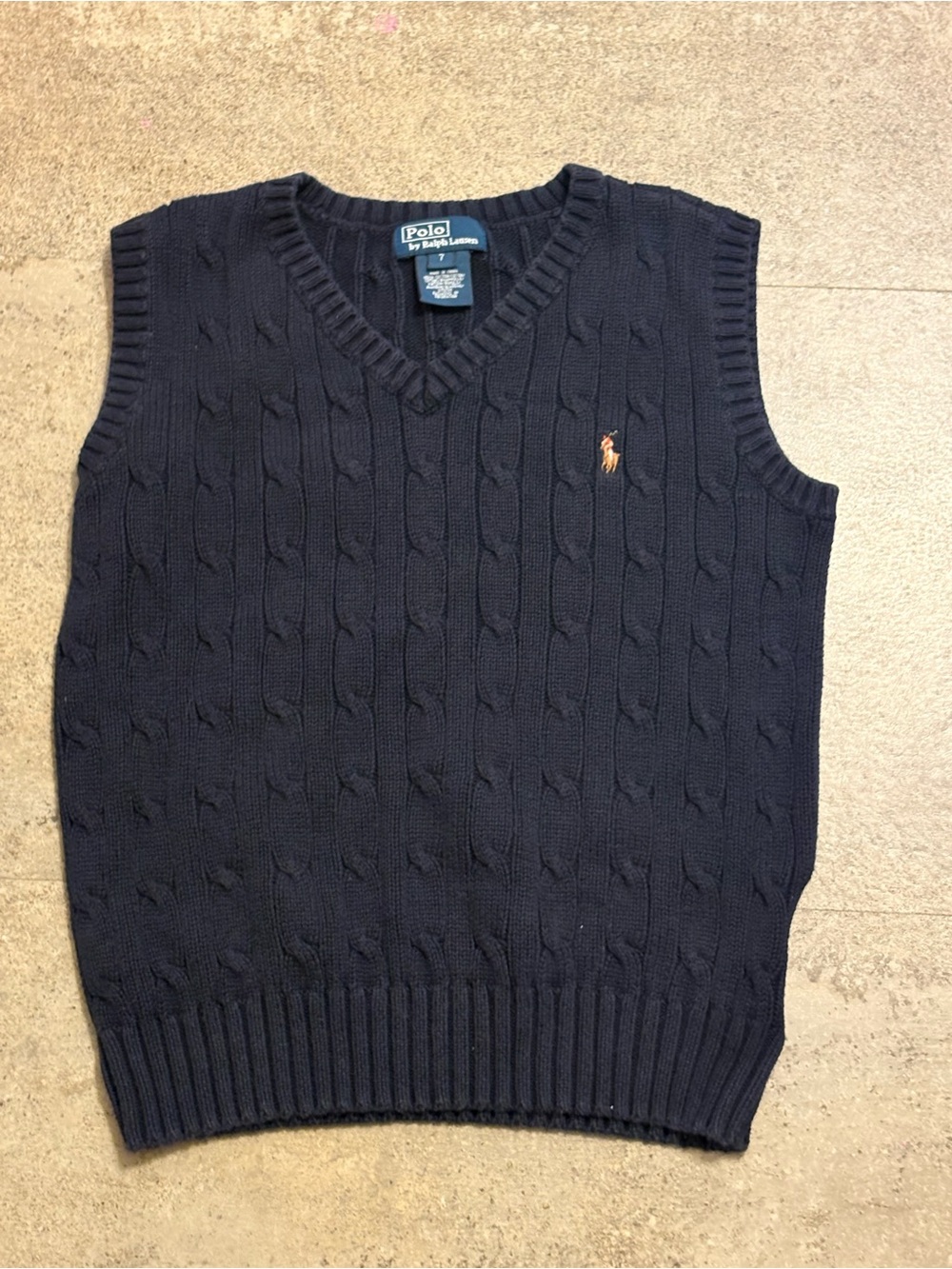 Polo Ralph Lauren Boy’s Navy Cable Knit V-Neck 100% Cotton Sweater Vest size 7